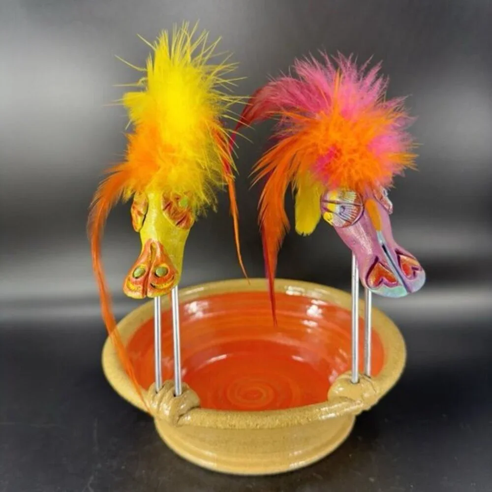 Michna Wolff‎ Pottery Bowl Dish Detachable Birds Signed M Michna Hand Made VTg